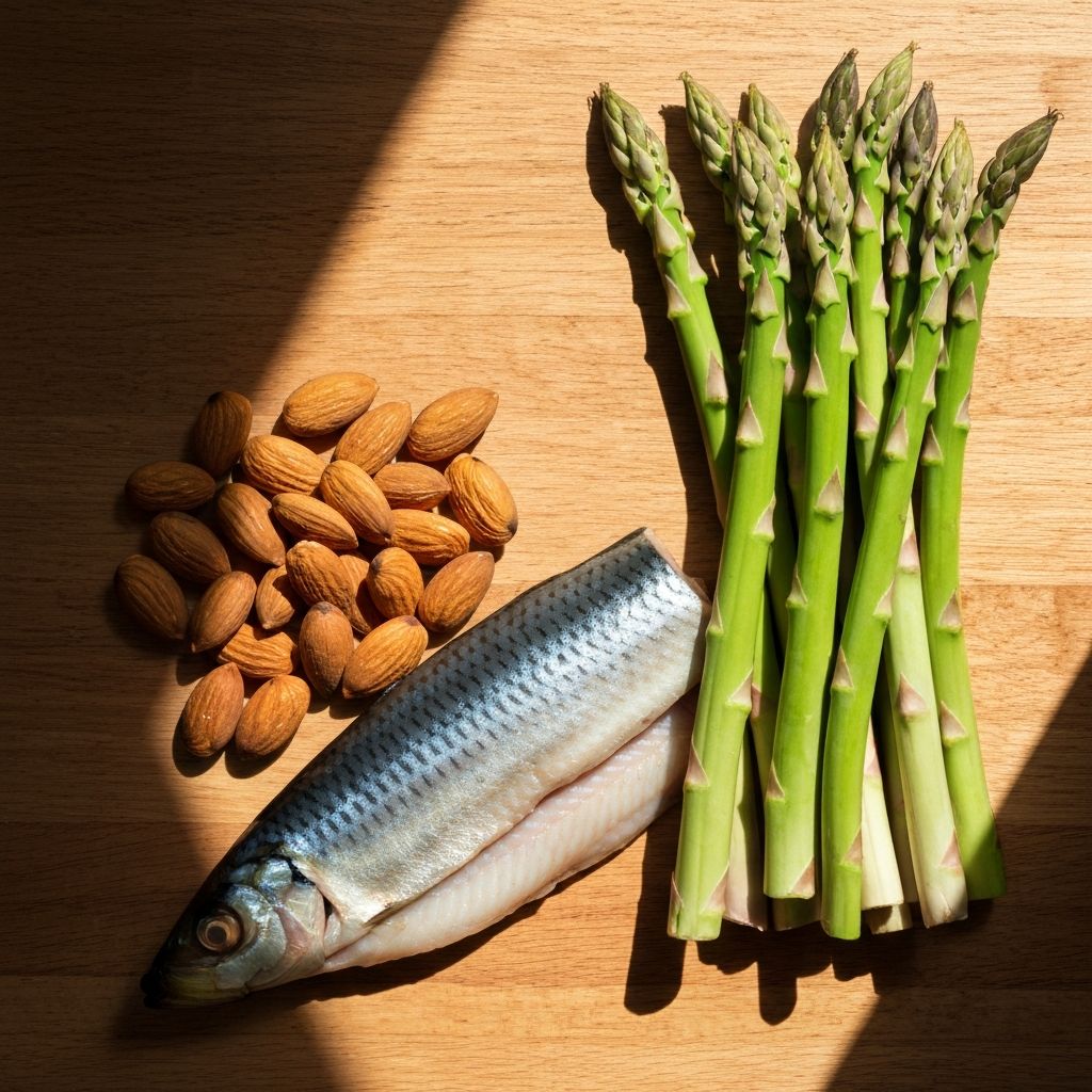 Fresh natural products including herring, almonds, and asparagus