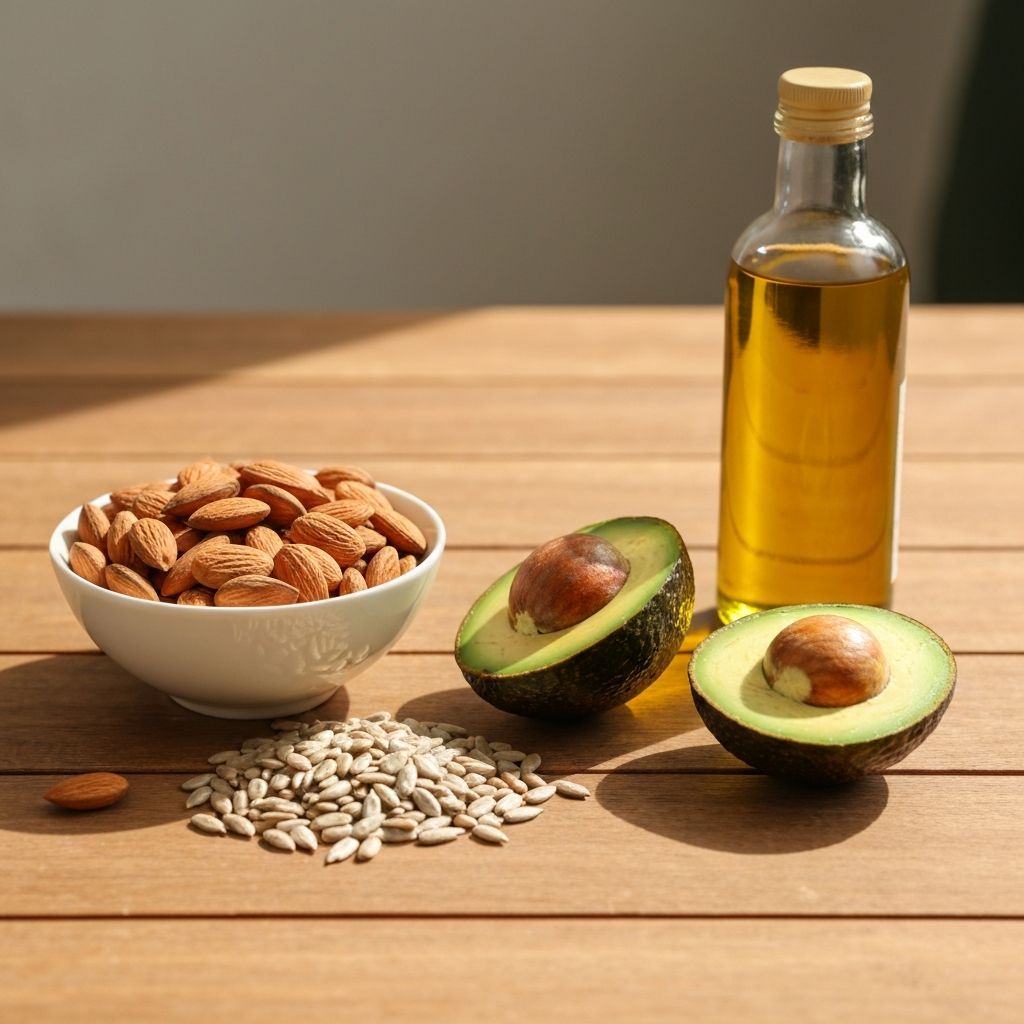 Vitamin E rich foods: almonds, seeds, and oils